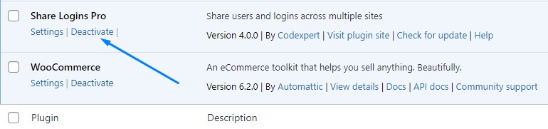 Deactivate Share Logins from the plugins list