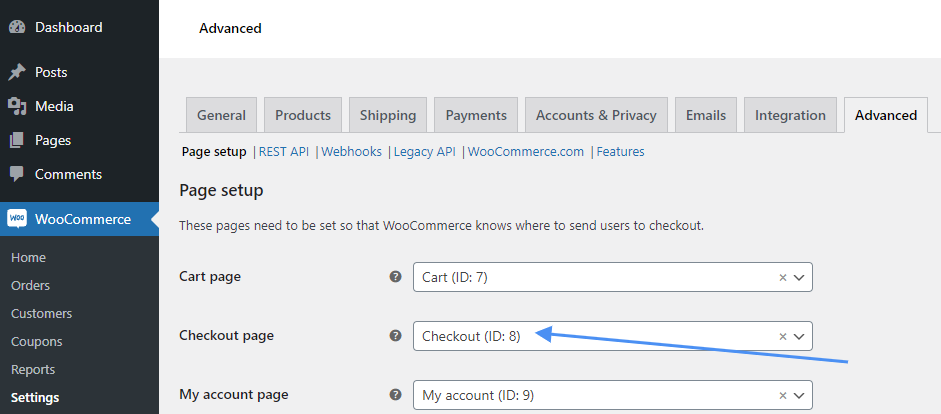 Set the new checkout page in WooCommerce settings