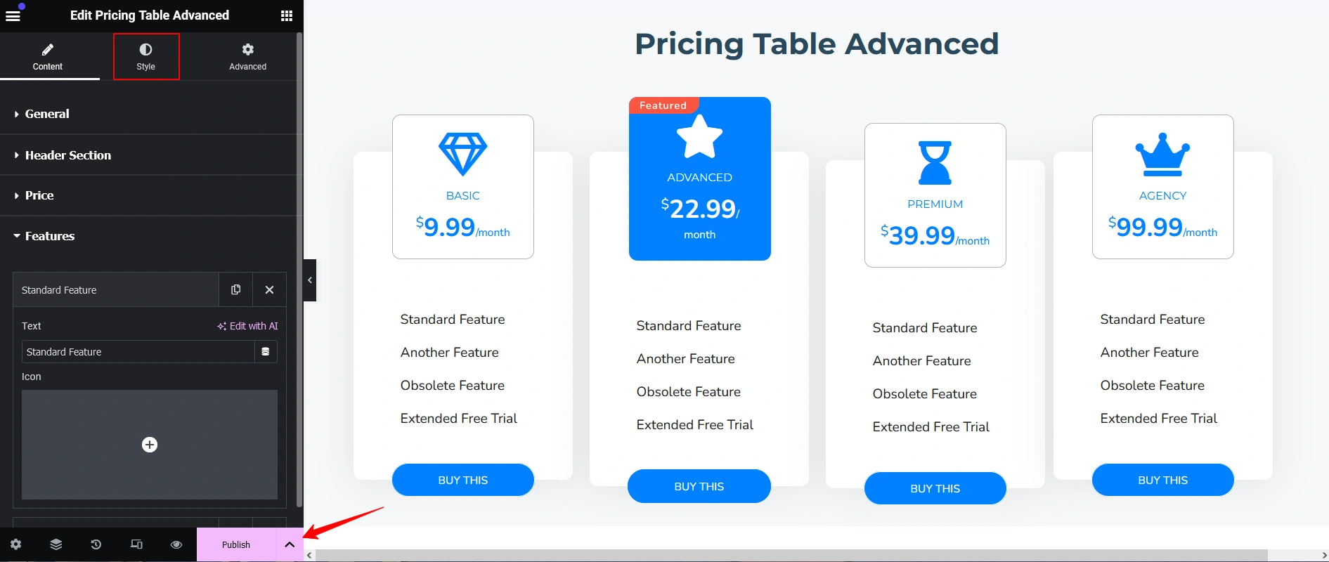 customize pricing table