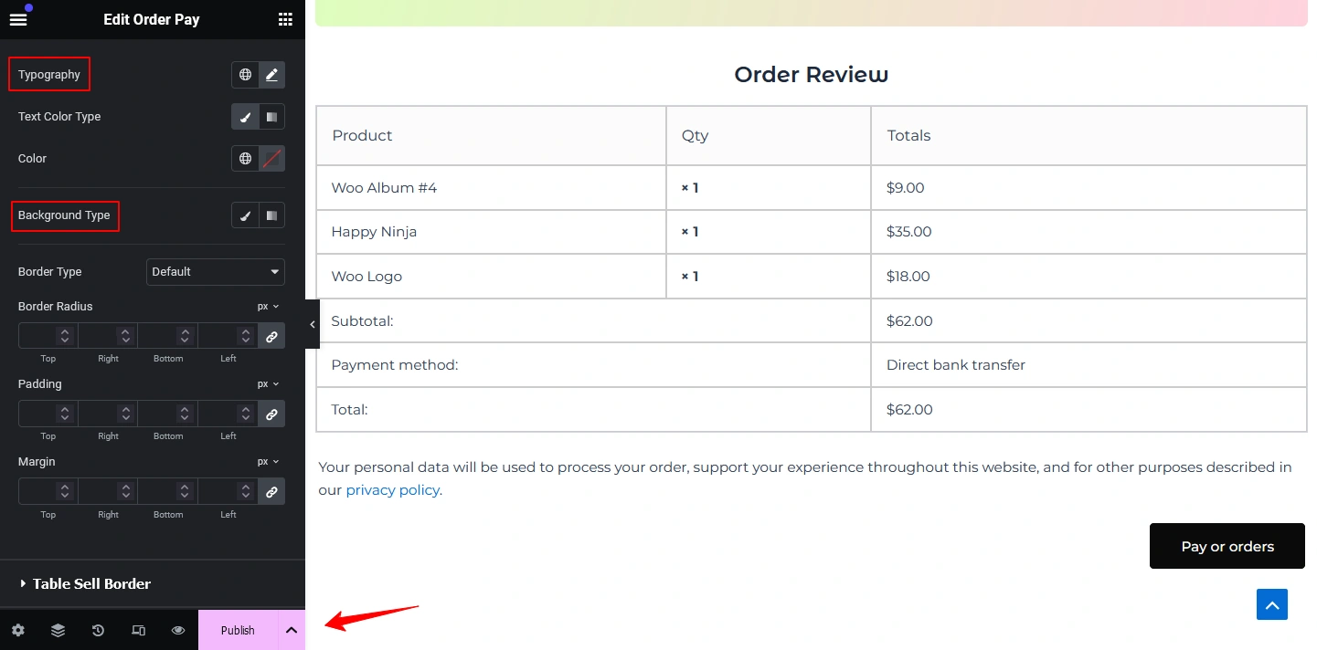 customize order pay